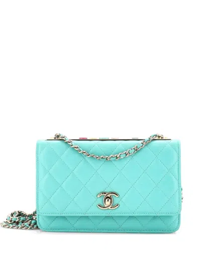 Pre-owned Chanel Trendy Cc Wallet On Chain Quilted Lambskin And Lacquered Metal Shoulder Bag In Blue