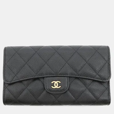 Pre-owned Chanel Tri-fold Black Caviar Leather Long Wallet