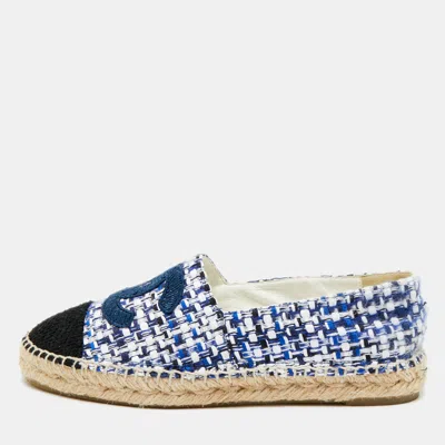 Pre-owned Chanel Tricolor Fabric And Tweed Cc Cap Toe Espadrille Flats Size 39 In Blue