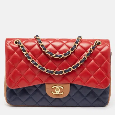 Pre-owned Chanel Tricolor Quilted Lambskin Leather Jumbo Classic Double Flap Bag In Multicolor
