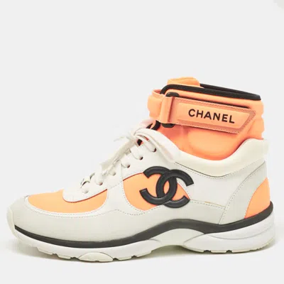 Pre-owned Chanel Tricolor Suede And Nylon Cc High Top Trainers Size 37.5 In Grey