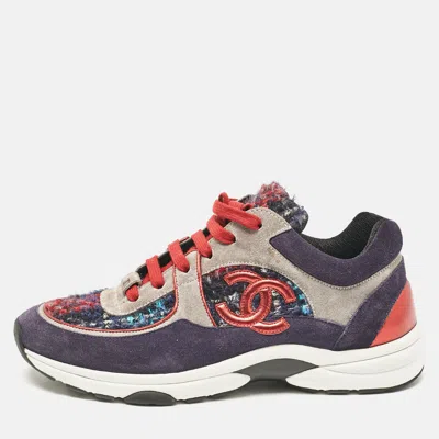 Pre-owned Chanel Tricolor Tweed And Suede Cc Low Top Sneakers Size 40 In Navy Blue