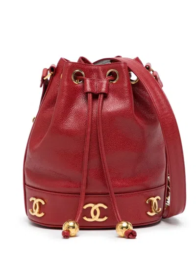Pre-owned Chanel Triple Cc Leather Bucket Bag In Red
