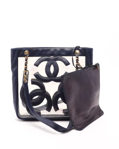 Pre-owned Chanel Triple Cc Vinyl Tote Bag In Blue
