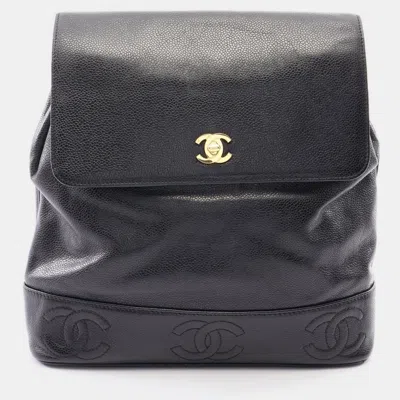 Pre-owned Chanel Triple Coco Mark Black Grained Calfskin Leather Backpack Bag