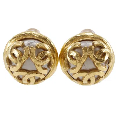 Pre-owned Chanel Triple Coco Mark Earrings Gold Plated Faux Pearl