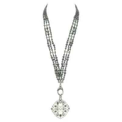 Pre-owned Chanel Triple Strand Pearl Strass Crystal Clasp Cc Pendant Necklace In Grey
