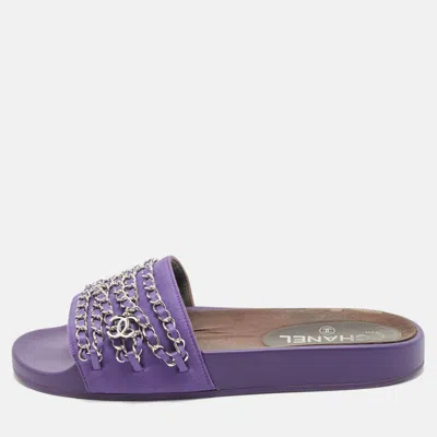 Pre-owned Chanel Tropiconic Size 39 Purple Satin Chain Flat Slide