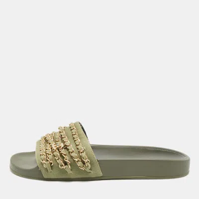 Pre-owned Chanel Tropiconic Size 40 Green Canvas Chain Pool Slides