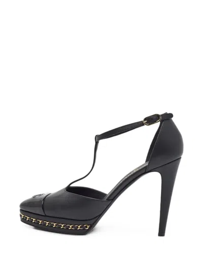 Pre-owned Chanel T-strap Platform Pumps In Black