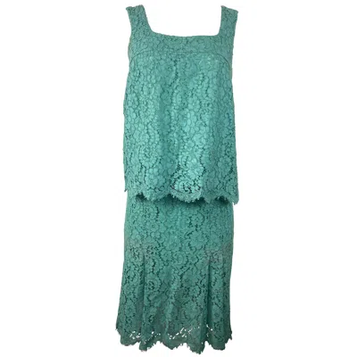 Pre-owned Chanel Turquoise Floral Lace Top And Skirt Set Size 40 In Blue