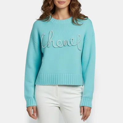 Pre-owned Chanel Turquoise Logo Embellished Cropped Sweater M In Blue