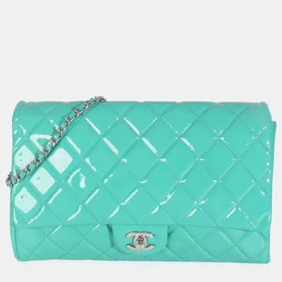 Pre-owned Chanel Turquoise Quilted Patent Classic Flap Clutch With Chain In Blue