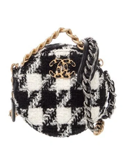Pre-owned Chanel Tweed 19 Round Clutch W/ Chain Pouch In White
