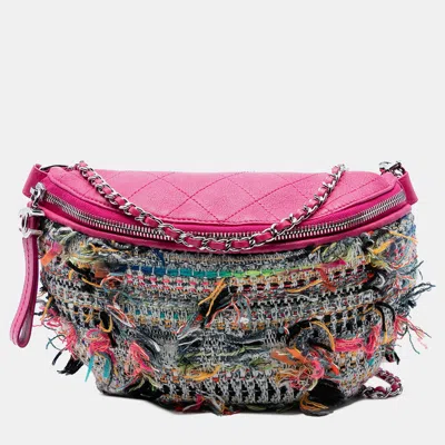 Pre-owned Chanel Tweed And Stitched Calfskin Gabrielle Waist Bag In Pink
