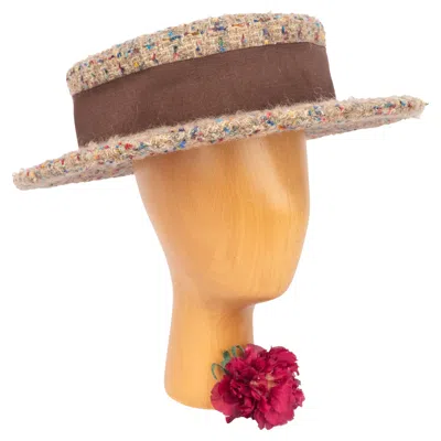 Pre-owned Chanel Tweed Boater Hat In Brown