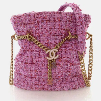 Pre-owned Chanel Tweed Bucket Bag In Pink