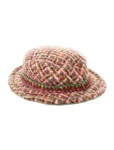 Pre-owned Chanel Tweed Bucket Hat In Green/pink