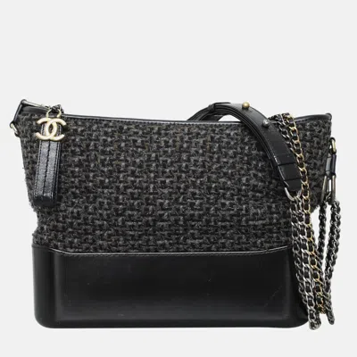 Pre-owned Chanel Tweed Calfskin Medium Gabrielle Hobo Bag In Black