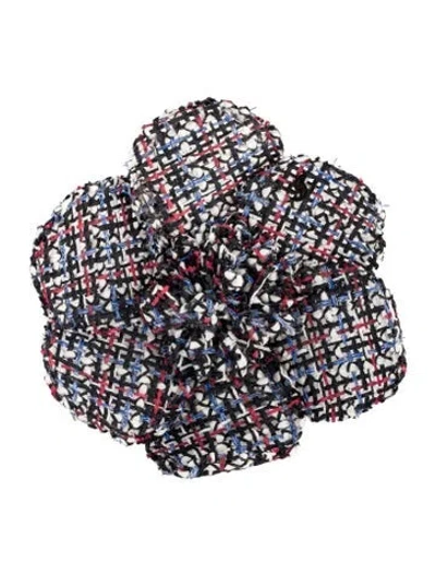 Pre-owned Chanel Tweed Camellia Brooch In Multi