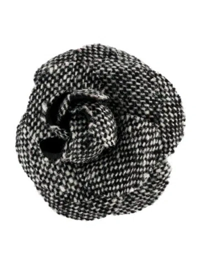 Pre-owned Chanel Tweed Camellia Brooch In Multi