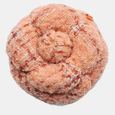 Pre-owned Chanel Tweed Camellia Brooch In Orange