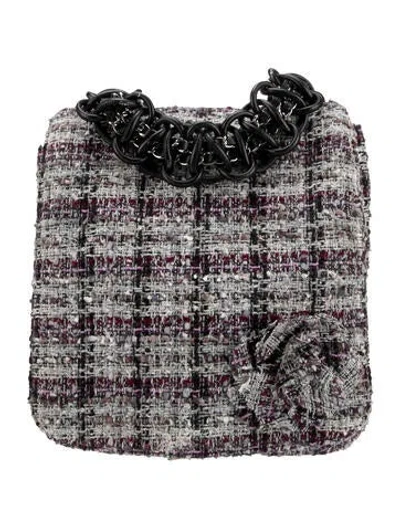 Pre-owned Chanel Tweed Camellia Messenger Bag In Gray