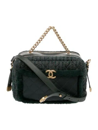 Pre-owned Chanel Tweed Camera Case In Green