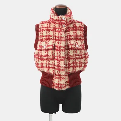 Pre-owned Chanel Tweed Cc Logo Down Vest Mohair Wool Polyester Nylon Linen Size 34 Red/beige In Sand
