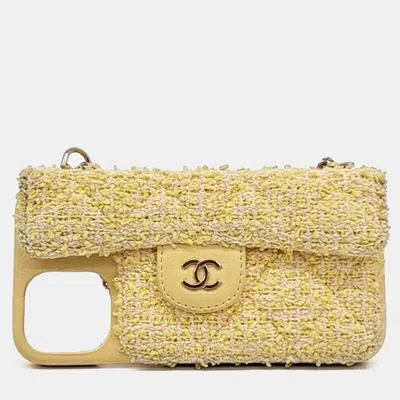 Pre-owned Chanel Tweed Chain Phone Case In Yellow