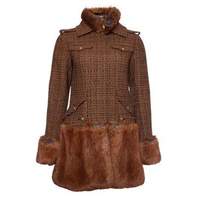 Pre-owned Chanel , Tweed Coat With Imitation Fur In Brown