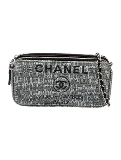 Pre-owned Chanel Tweed Deauville Double Zip Clutch In Gray