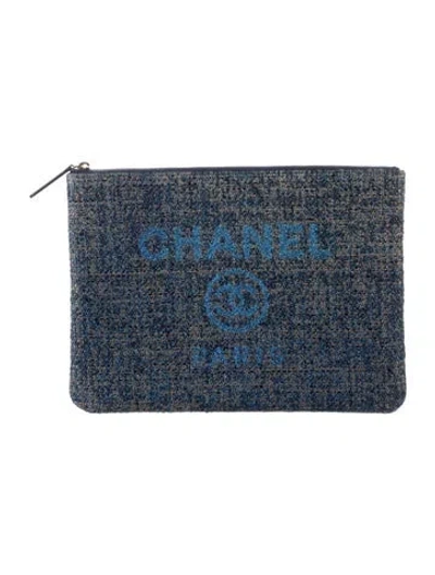 Pre-owned Chanel Tweed Deauville Medium O-case Zip Pouch In Blue