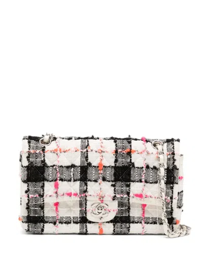 Pre-owned Chanel Tweed Double Flap Shoulder Bag In White
