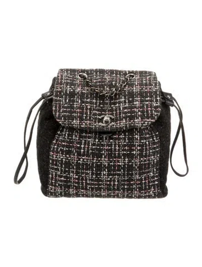 Pre-owned Chanel Tweed Drawstring Backpack In Black