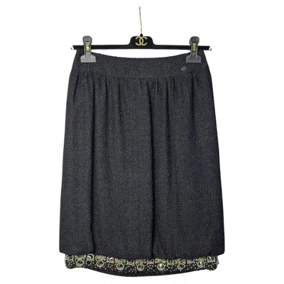 Pre-owned Chanel Tweed Embroidery Skirt Sz.36 In Black