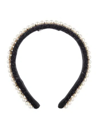 Pre-owned Chanel Tweed Faux Pearl Headband In Black