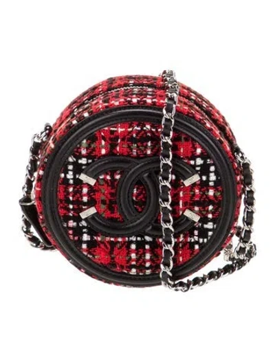 Pre-owned Chanel Tweed Filigree Round Clutch W/ Chain In Red