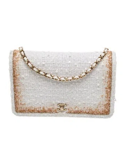 Pre-owned Chanel Tweed Glitter Wallet On Chain In White