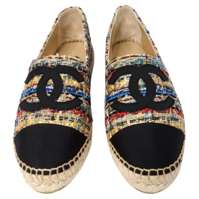 Pre-owned Chanel Tweed Grosgrain Multicolor Interlocking Cc Espadrilles In Black
