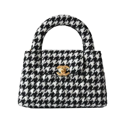 Pre-owned Chanel Tweed Houndstooth Quilted Nano Kelly Handbag Gold Hardware Black White