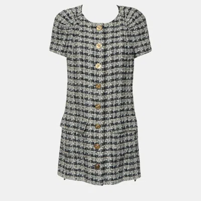 Pre-owned Chanel Tweed Button Up Dress M In Navy Blue