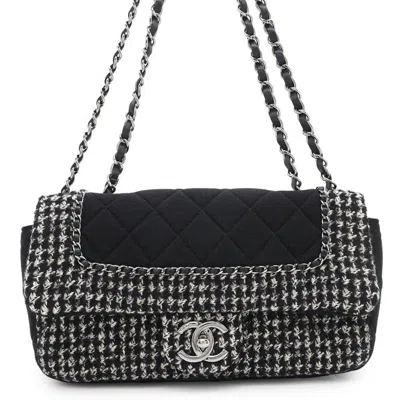 Pre-owned Chanel Tweed Jersey Shoulder Bag () In Black