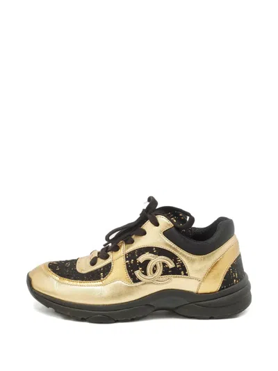 Pre-owned Chanel Tweed Leather Sneakers In Gold