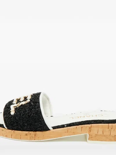 Pre-owned Chanel Tweed Logo-embellishment Sandals In Black