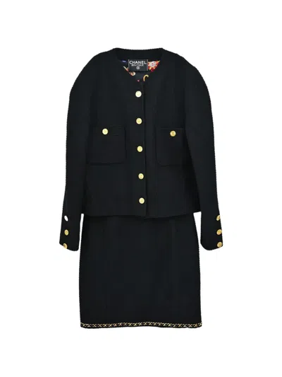 Pre-owned Chanel Tweed Long-sleeve Skirt Suit In Black