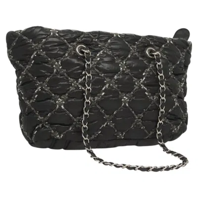 Pre-owned Chanel Tweed On Stitch Zip Tote Quilted Nylon Nylon Shoulder Bag Bag () In Black