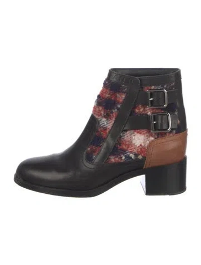 Pre-owned Chanel Tweed Pattern Leather Lace-up Boots In Black