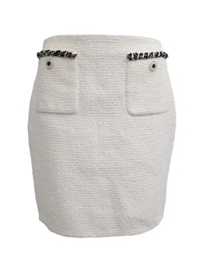 Pre-owned Chanel Tweed Pencil Cotton Skirt In White