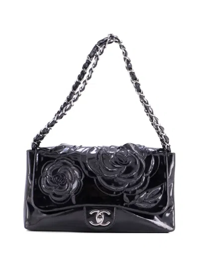 Pre-owned Chanel Tweed Petals Camellia Flap Bag Patent Medium Shoulder Bag In Black